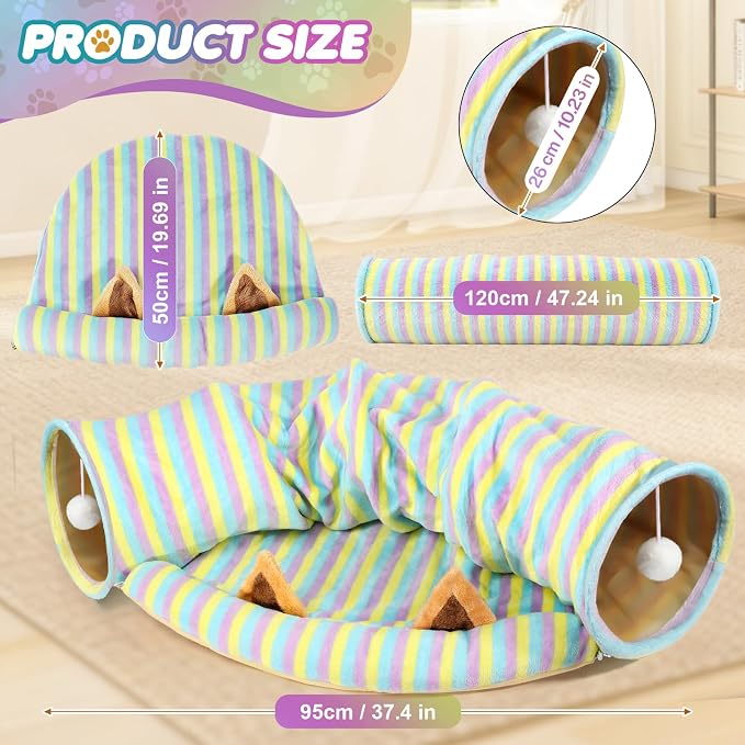 Spardar Bunny Tunnel Bed, 2-in-1 Collapsible Tunnel Tubes Toys, Washable, with Removable Mat Hideout, Interactive Toys for Rabbits Chinchilla Hedgehog Guinea Pigs Kitty, Stripe