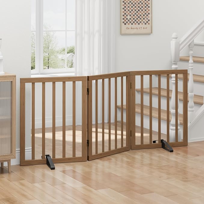 Dog Gates for Doorways, Freestanding Dog Gate Indoor, Foldable Pet Gates for Doorways Bedroom, Puppy Gate with Metal Support Feet, Room Divider 3 Panels (Dark Walnut)
