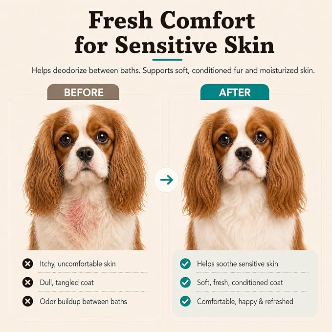 Natural Dog Company Sensitive Skin Deodorizing Spray 8 oz – Hypoallergenic Neutral-Scent Dog Spritz with Aloe, Oatmeal & Lavender – Free of Sulfates, Parabens & Artificial Fragrance