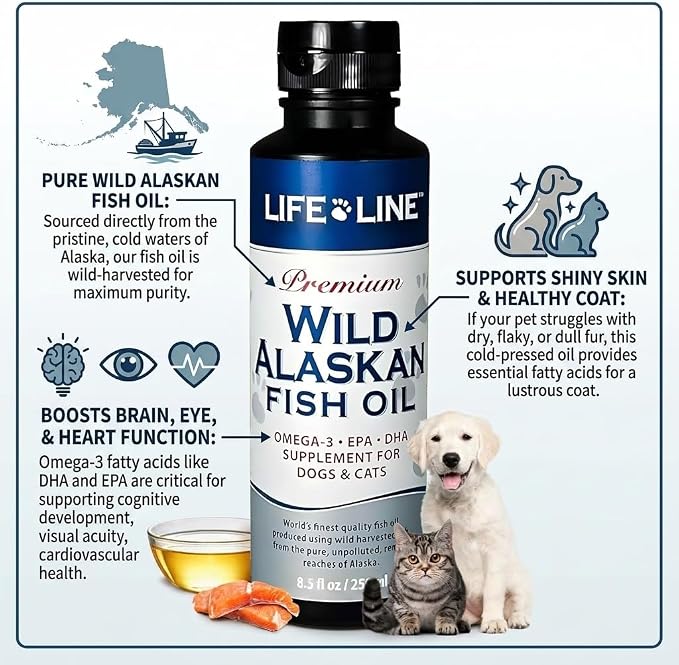 Life Line Pet Nutrition Wild Alaskan Fish Oil Omega-3 Supplement for Skin & Coat – Supports Brain, Eye & Heart Health in Dogs & Cats, 8.5oz