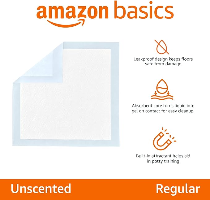 Amazon Basics Leak-Proof Dog and Puppy Potty Training Pee Pads with Quick-Dry 5-Layer Super Absorbent Design for Housebreaking, Regular Size 22x22", Blue & White, 150 Count