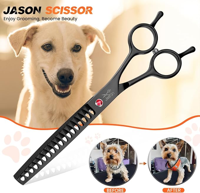 JASON 7" Dog Grooming Scissor - Professional Thinning Chunker Shear with 18 Teeth Japanese Stainless Steel Hair Scissors for Dogs, Cats and Other Pets (Chunker, Black) Christmas Gift