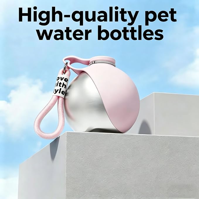 Portable Dog Water Bottle, 304 Stainless Steel Foldable Pet Water Cup, Leak-Proof Travel Water Dispenser with Foldable Silicone Bowl, 285ml Large Capacity for Dogs Cats Outdoor Walking Hiking