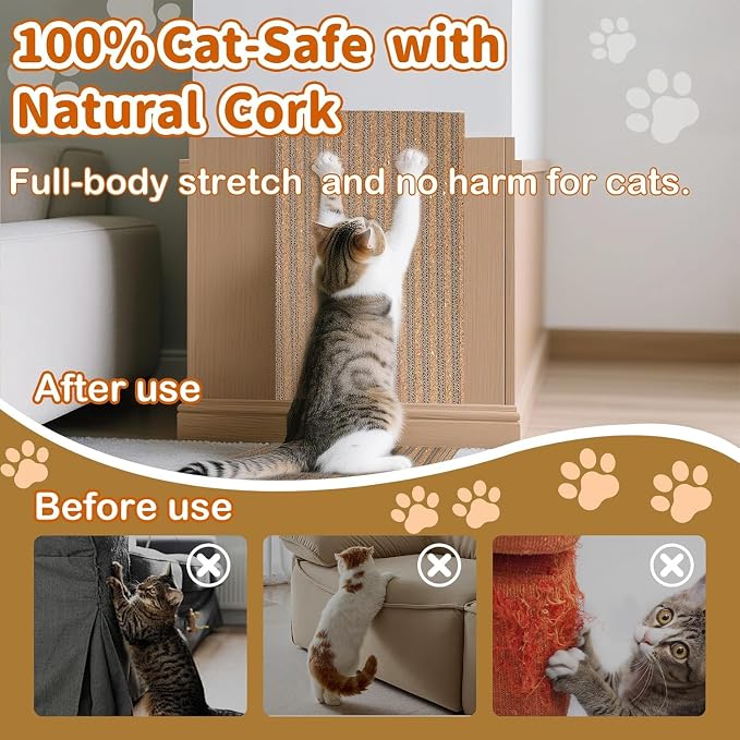 Natural Cork Cat Scratcher Boards for Wall & Floor - Natural Cork & Cardboard Blend, No Mess Splinters, Durable Easy Clean - Adjustable Height for All Cats, Furniture Protector【3-Pack】
