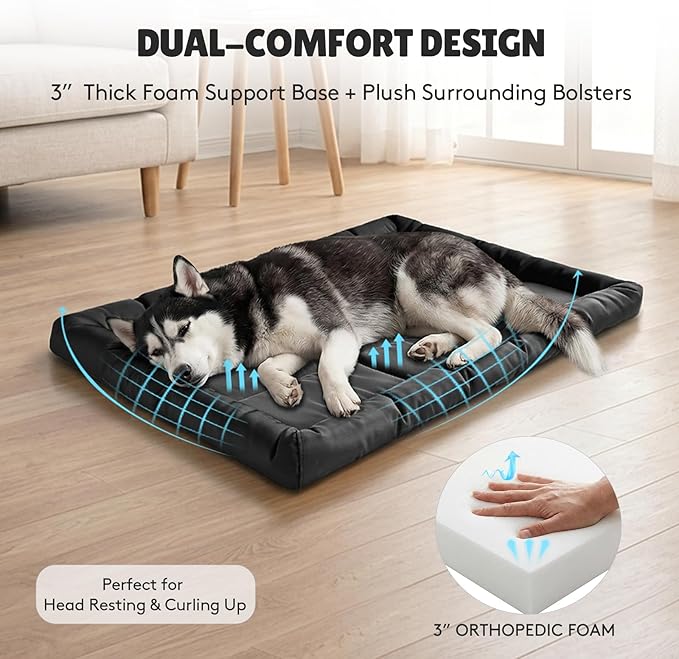 Chew Resistant Dog Bed for Aggressive Chewers, Indestructible Orthopedic Dog Bed with 3" High Density Foam Base & Plush Bolster Sides, Durable Pet Bed with Waterproof Washable Cover, Medium (22"x35")