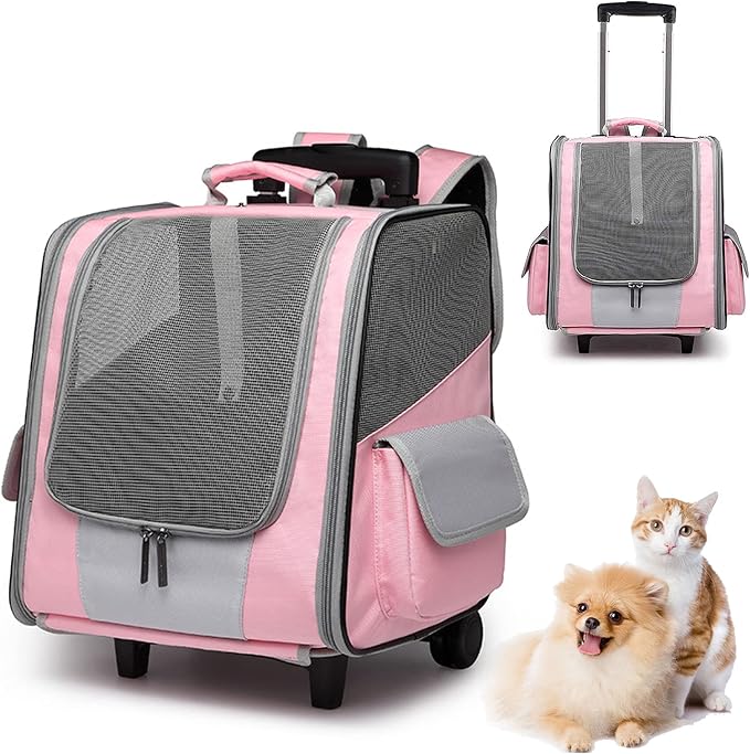 Rolling Pet Travel Carrier Backpack with Wheels 4 in 1 Pet Carrier Soft-Side Dog Carriers Luggage Bag,Mesh Ventilation Windows, Storage Pockets for Walking, Hiking