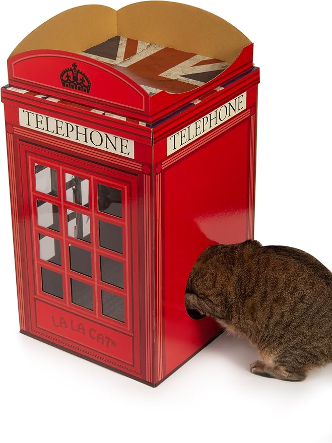 The British Red Telephone Booth Cat House Features a Flag Teaser Wand for Cats