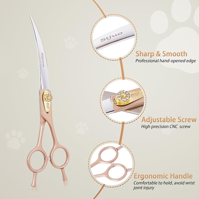 7.5'' Curved Dog Grooming Scissors, Professional 440C Stainless Steel Pet Grooming Shears with Silencer for Dogs and Cats, Sharp & Ergonomic Hair Trimming Scissors for Face, Paws & Body