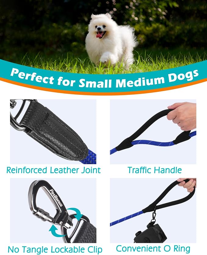 PetBonus Double Handle Rope Dog Leash and 2-Pack Large Silicone Collapsible Dog Bowls