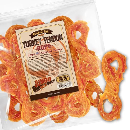 Gootoe Turkey Tendons for Dogs –All-Natural, Hypoallergenic Dog Treats, Rawhide Alternative, Long Lasting Puppy Chews, Healthy Dog Treats for Medium Breeds, Rope (M), 1 lb