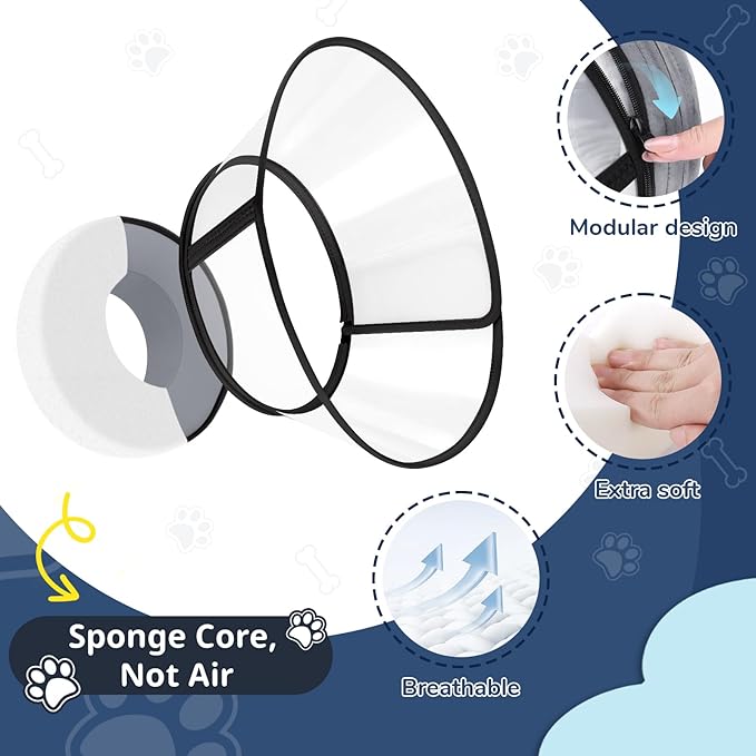 Sponge Core Dog Cone, Inflatable Dog Cone Collar Alternative, Dogs Donut Collar After Surgery, Soft Cone for Large Medium Small Dogs to Stop Licking, No Inflation Required, Clear View(Size 2, Gray)