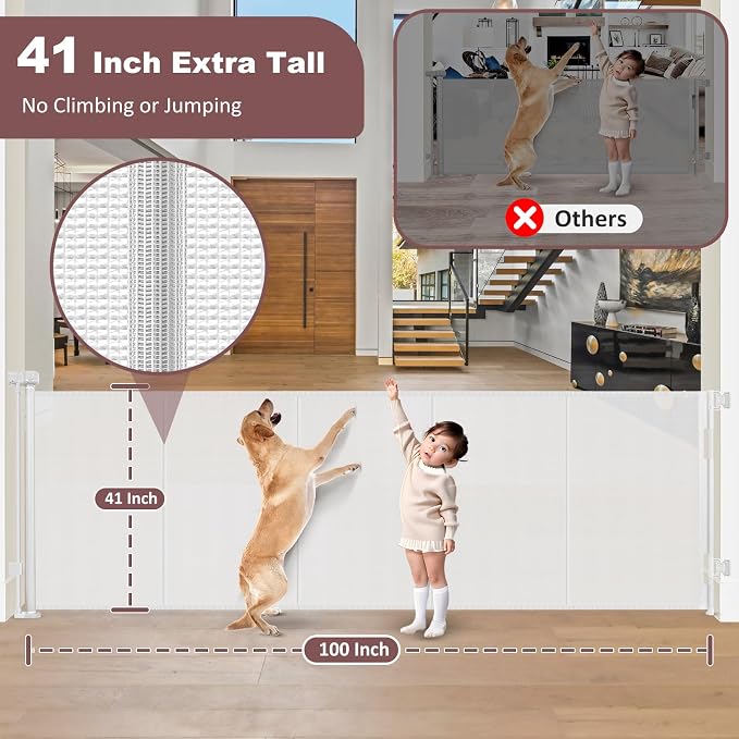 Reinforced 41" Extra Tall Retractable Dog Gate 100" Wide Retractable Baby Gates with Support Rods, Outdoor Retractable Gates for Dogs Indoor Extra Tall Baby Gate Child Gates for Wide Openings, White