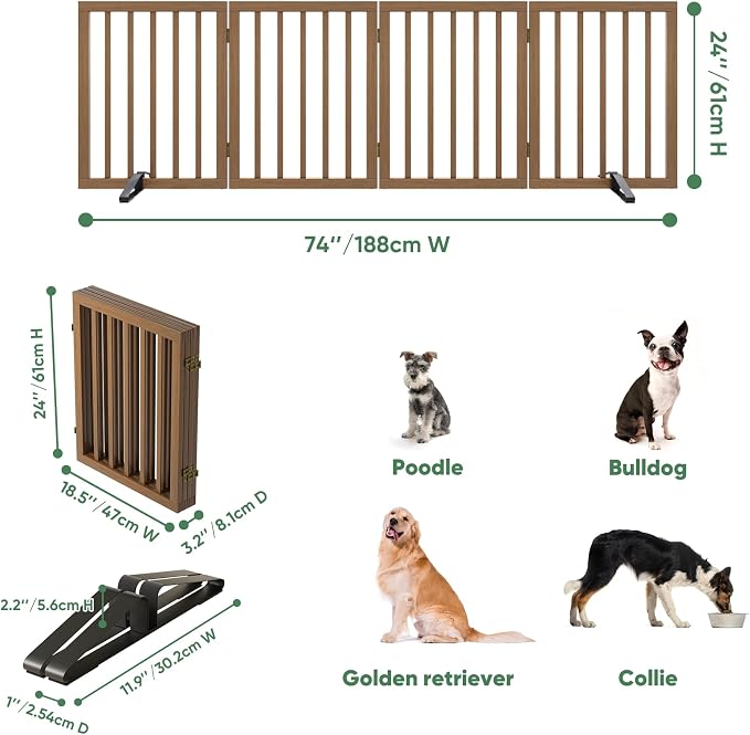 Dog Gates for Doorways, Freestanding Dog Gate Indoor, Foldable Pet Gates for Doorways Bedroom, Puppy Gate with Metal Support Feet, Room Divider 4 Panels (Dark Walnut)