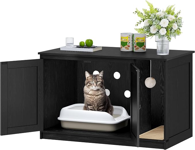 Hzuaneri Cat Litter Box Enclosure, Hidden Litter Box Cabinet Furniture with Bell, Indoor Cats House, Farmhouse Style, 39.4 x 21.7X 24.8 Inches for Hallway, Bedroom, Black CB85204X