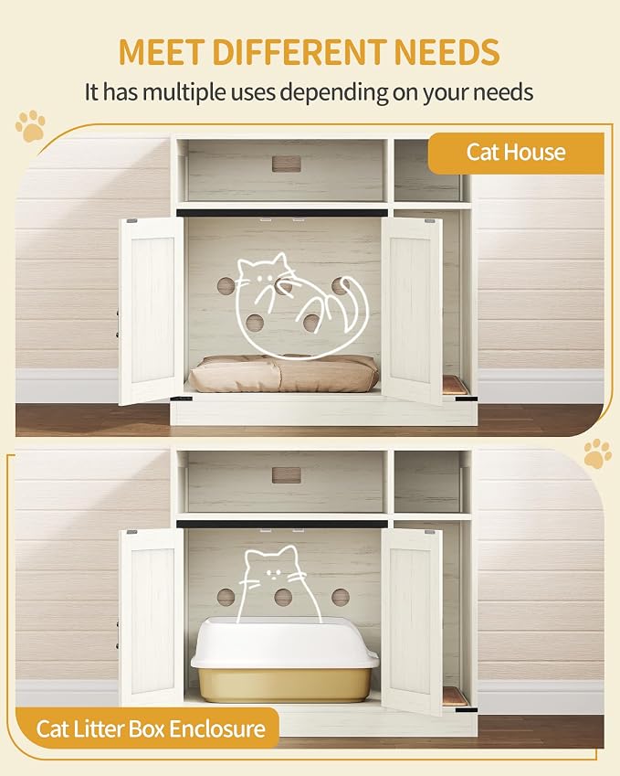 Hzuaneri Cat Litter Box Enclosure, Hidden Litter Box Furniture with Storage, Wooden Cat Cabinet with Scratch Pad, Farmhouse Cat Washroom, TV Stand End Table, Rustic Brown and White CB87514X