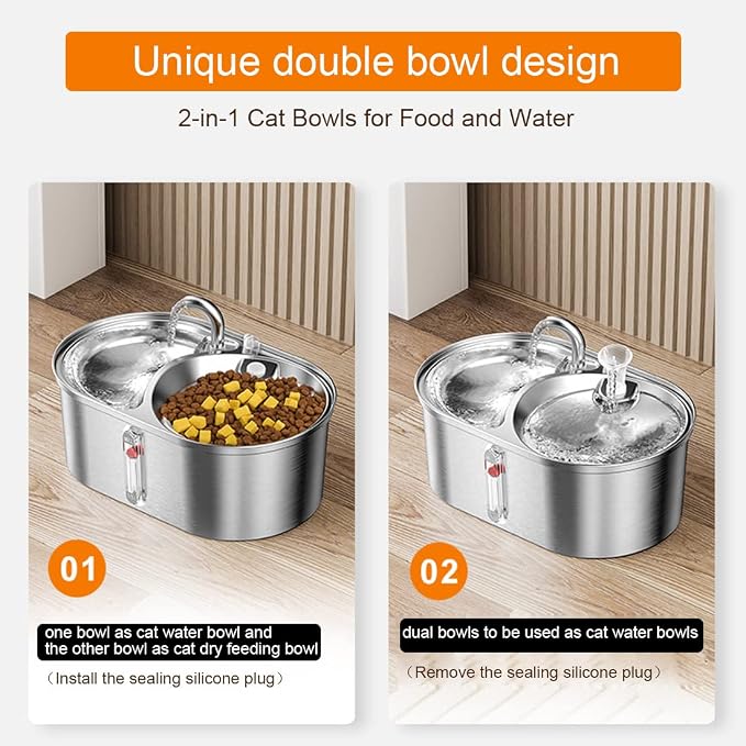 Dual Bowl Cat Water Fountain 3L/101oz,Stainless Steel Pet Drinking Fountain,2-in-1 Cat Bowls for Food-Wate(Water-Water),Ultra-Silent Automatic Dog Water Dispenser with Pump and 5 Filters