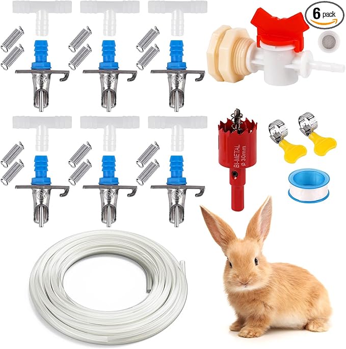 Automatic Rabbit Watering System, Rabbit Waterer Kit System Gravity Fed Include 6 Sets of Nipple Drinkers and 16 Feet of ID 5/16" Hose
