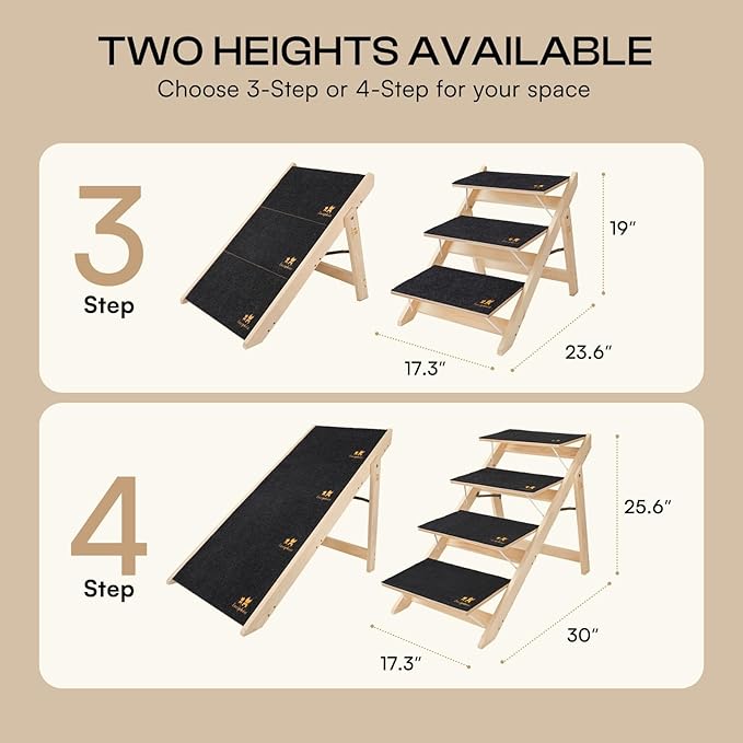Luciphia Wooden Dog Stairs for Small Dogs 2-in-1 Foldable Dog Steps for Beds Cars Couch Anti-Slip Pet Ramp with 3 Steps Indoor Pet Stairs for Medium Large Older Pets Cats up to 220lbs