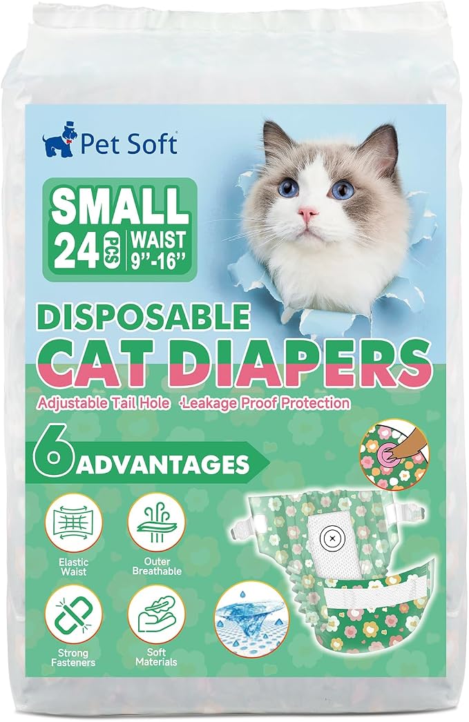 Pet Soft Disposable Cat Diapers - Diaper for Female & Male Cats, Puppy Doggie Diapers for Female Dogs with Adjustable Foam Tail Hole, Small (24Pcs, GN Flowers)