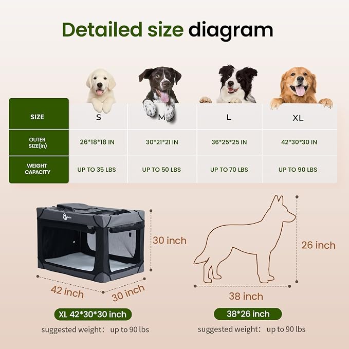 Portable Collapsible Dog Crate for Extra Large Dogs, 4 Mesh Doors & 2 Storage Bags, Indoor Outdoor Travel Dog Kennel, BlackGrey, 42" x 30" x 30"