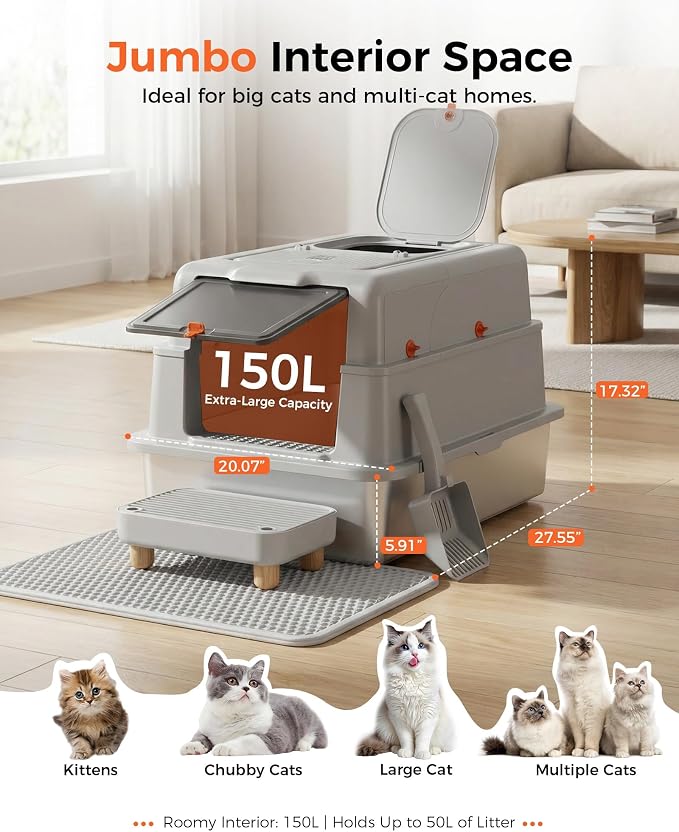 XXXL Stainless Steel Cat Litter Box with Lid, 27.5"×20.1"×17.3" Jumbo Enclosed Litterbox,Dual-Entry (Front Entry & Top Exit),High-Sided,Non-Stick,Odor Control,for Big Cats, with Mat,Scoop & Step,Grey