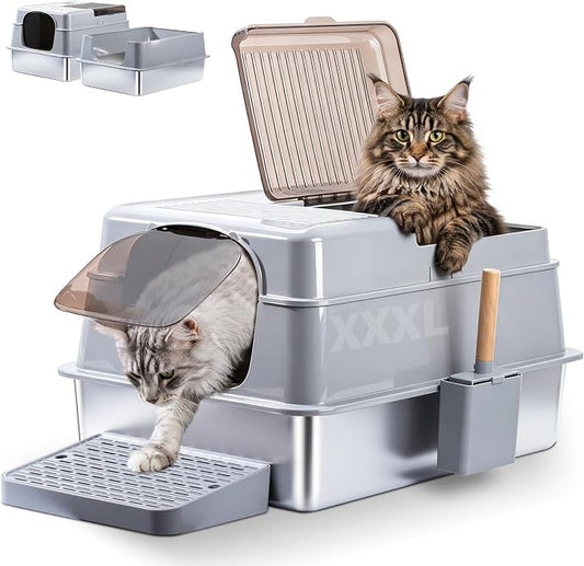 XXXL Stainless Steel Litter Box with Lid,Extra Large Enclosed Metal Cat Litter Box for Big Cats, Multiple Cats,Odor Control,Anti-Leakage, Includes Scoop & Pedal,27.75 x 19.75x 15.7 inches