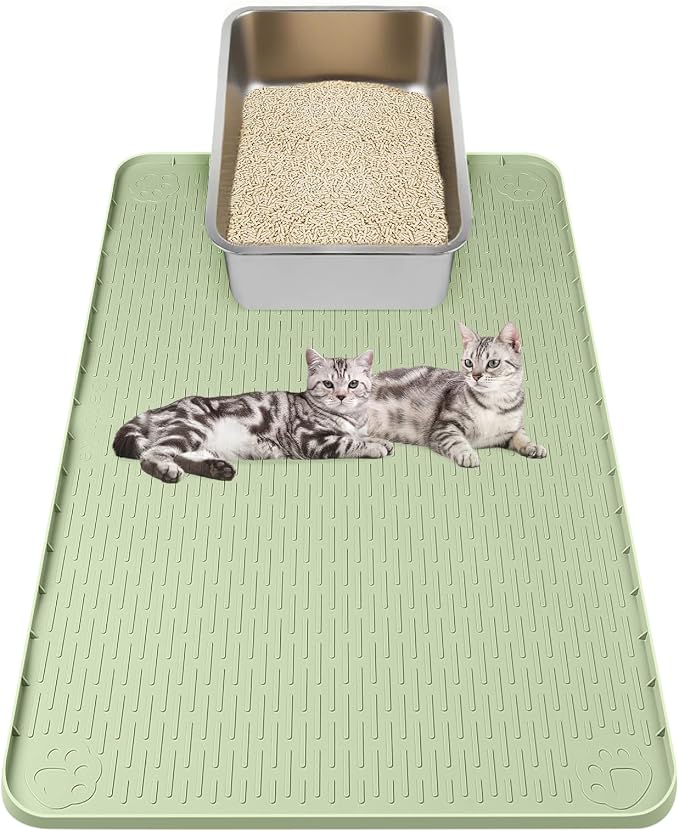 Kalolary Cat Litter Box Mats, Large 34" x 22" Silicone Cat Mat, Easy to Clean Kitty Litter Trapping Mat, Soft on Kitty Paws, Waterproof, Urine-Proof Kittys Litter Mats for Floor, Green