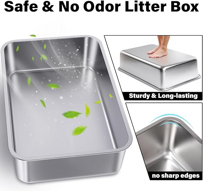 Stainless Steel Litter Box, Metal Litter Box, Cat Litterbox for Kitten, Kitty, Rabbit, 6" High Side Cats Litter Boxes, Cat LitterBox, No Smell, Non Stick, Easy to Clean