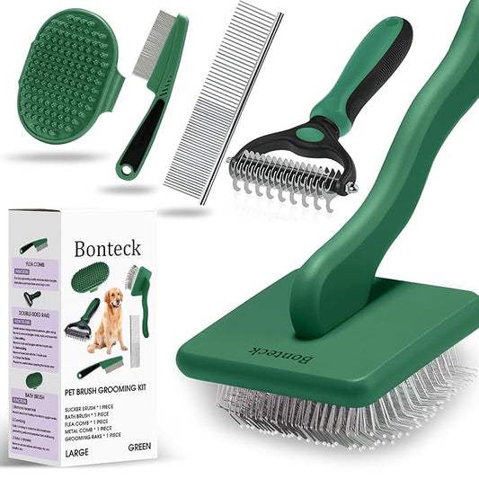 Bonteck Dog Slicker Brush for Dogs Grooming Kit 5PCS | Large Dog Brush for Goldendoodles Poodles Doodles | Long Pin Haired Brush | Poodle Brushes and Comb (Green)
