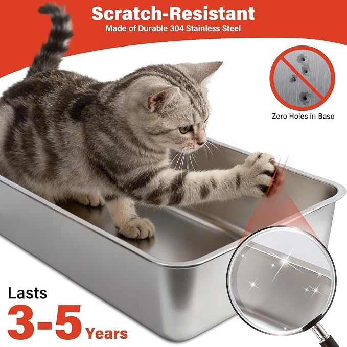 2PACK Stainless Steel Litter Box, Metal Litter Box with High Sides Lid, XL Large Cat Litter Boxes for Big Cats, Never Absorbs Odors, Anti-Urine Leakage, Easy Cleaning, Non-Stick, Include Scoop and Mat