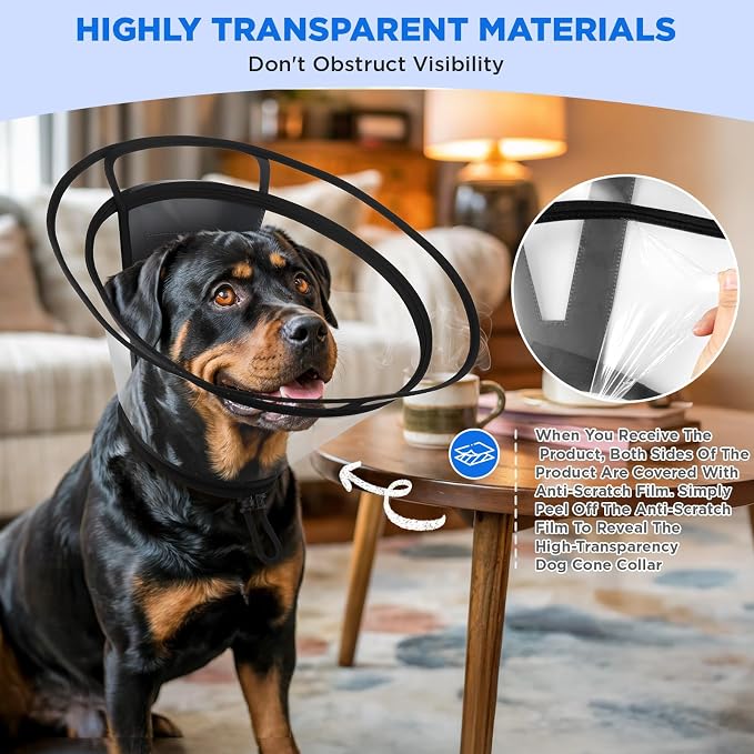 BONTHEE Clear Dog Cone Collar–Extra-Long Recovery E-Collar for Dogs, Transparent Adjustable Dog Cones Alternative for Small Large Medium Size Dogs,Protective Neck Brace with Soft Edges-M
