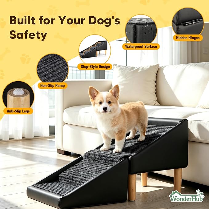2-in-1 Foldable Dog Stairs & Ramp,Non-Slip, 17.13" H,(Black) | For small, puppy, senior, and injured dogs – easy access to couch or bed