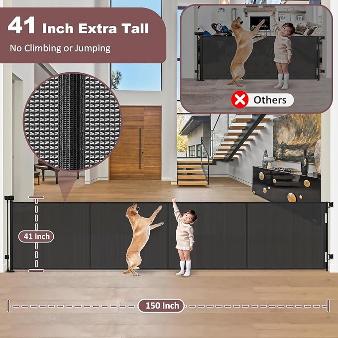 Reinforced 41" Tall × 150" Extra Long Retractable Baby Gate with Support Rods, Indoor Dog Gates for The House Extra Wide Retractable Gate Outdoor Retractable Dog Gate Tall Baby Gates for Dogs, Black