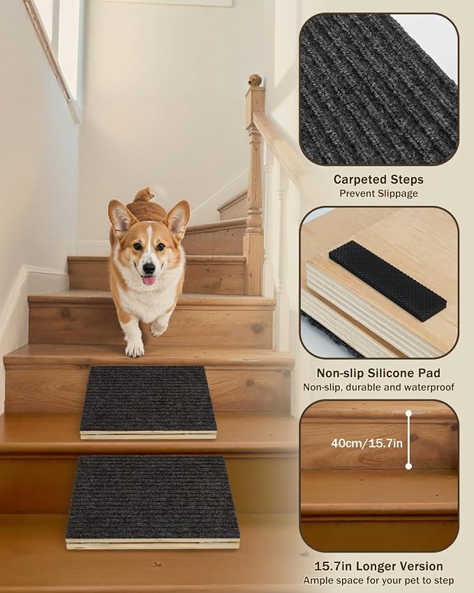 Foldable Wooden Dog Ramp for Stairs, Non-Slip Pet Ramps for Staircase, 2 Pack for Small and Middle Dogs and Cats, Step and Stair for Injured and Elderly Pets (Longer 15.7in)