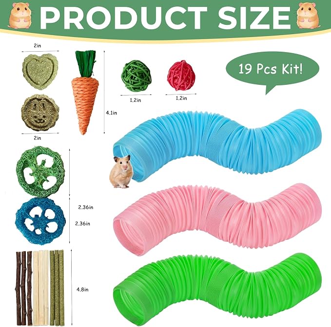 19 PCS Hamster Tubes and Wood Hamster Chew Toys, Natural Guinea Pig Chew Toys for Enrichment, Pet Cage Accessories for Syrian, Cage Accessories for Teeth Care & Boredom Relief (Pink Blue Green)