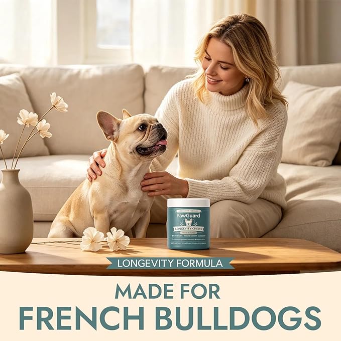 PawGuard French Bulldog Longevity Chews, Breed-Specific Soft Chews with Probiotics, Digestive Enzymes, Glucosamine, Chondroitin, Pork Flavor, Gut Skin Coat Immune Joint Support, 60 Count(1pc)