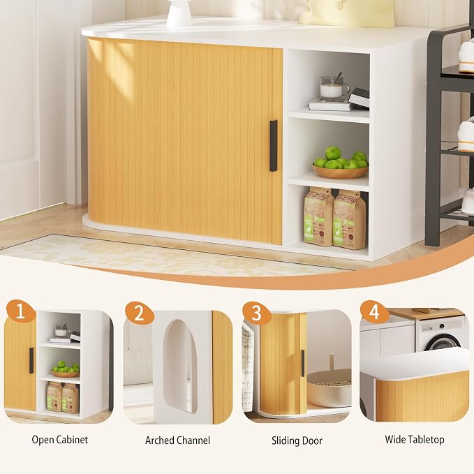 Cat Litter Box Enclosure Litter Box Furniture Hidden with Sliding Door Wooden Washroom Modern Indoor Cat House Table Nightstand Side End Table Box Cabinet,White and Natural