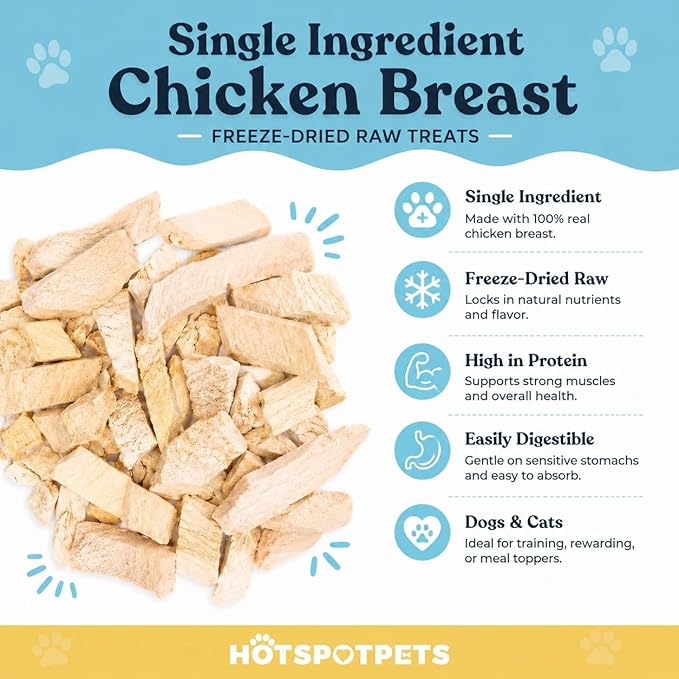 hotspot pets Freeze Dried Chicken Treats for Cats & Dogs -1LB Big Bag- USA Made- Healthy Single Ingredient-Resealable Bag, All Natural Grain-Free (Chicken Breast)- Perfect for Training, Topper & Snack