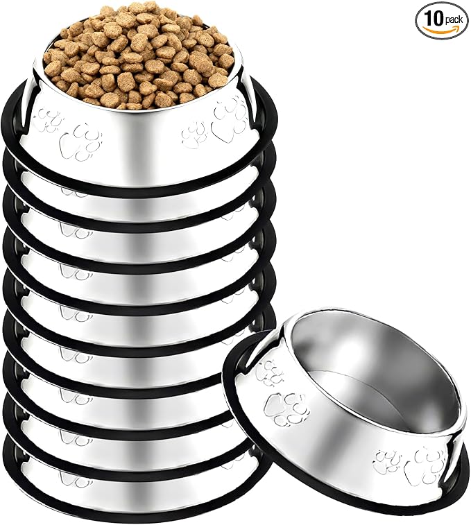 10 Pcs Stainless Steel Dog Bowl Pet Feeding Bowl with Rubber Base Non-Slip Pet Dishes Metal Dog Bowls Pet Food and Water Bowls for Small Medium Animals Kitten Rabbit (47.3 oz)