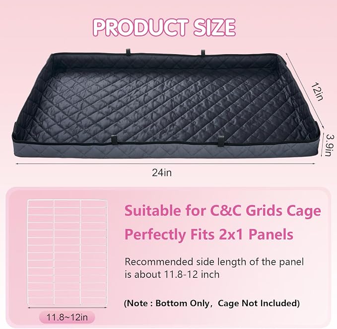 FunFurry Quilted Guinea Pig Cage Liner, Reversible & Absorbent Bottom Base, Cage Liners for Small Animals, Hamster Chinchilla Hedgehog Ferret Rabbit. (Dark Grey-Quilted, 12" X 24")
