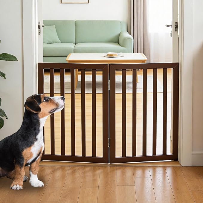 Dog Gate Indoor, Freestanding Dog Fence for The House, Doorways, Hallways,or Stairs,Pet Gate Foldable Wooden,Expandable 24" Height 2 Panels,Brown