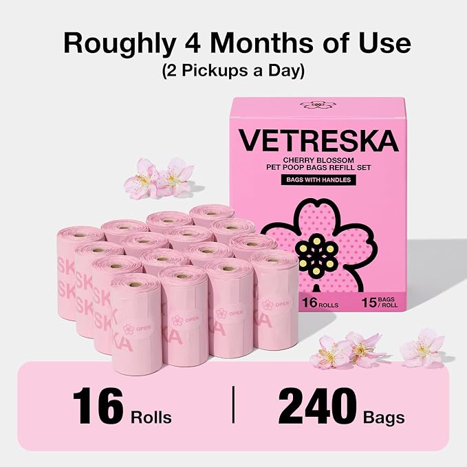 VETRESKA Dog Poop Bags with Handles 240 Count, Floral Scented Waste Bags, Leak-Proof Thick Dog Bags for Poop, Easy-Tie Large Poop Bags, 16 Refill Rolls for Dog Walking Cat Litter