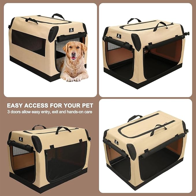 X-ZONE PET 3-Door Portable Soft-Sided Folding Soft Dog Travel Crate Collapsible Pet Kennel,XX-Large, 40 x 27 x 27 Inches,Tan