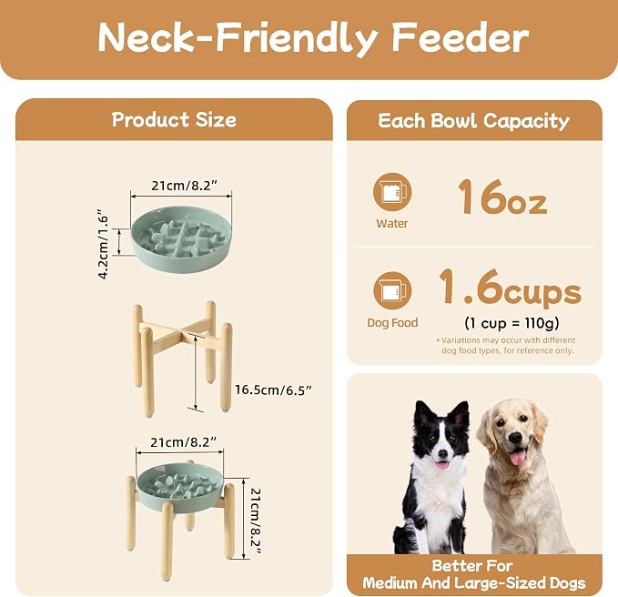 Havniva 8.2” Raised Slow Feeder Dog Bowls, 1.6 Cups Ceramic Dog Bowl Slow Feeding for Medium Breed, Elevated Puzzle Dog Food Bowl with Wooden Stand Non-Slip Anti-Gulping & Anti-Choking