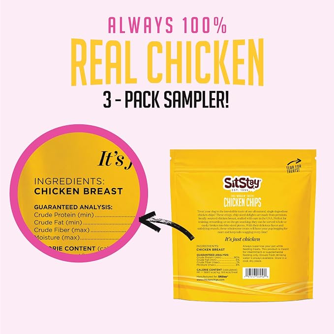 SitStay Chicken Chips Dog Treats, Chicken Chips for Dogs - Single Ingredient Dog Treats - Dehydrated, 80% Protein Low Fat - Training Rewards - All Breeds & Life Stages - Made in USA - 3 Travel Bags