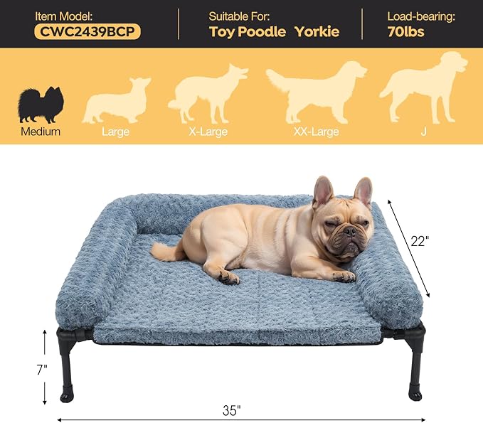 Veehoo Orthopedic Elevated Dog Bed Add Removable Deluxe Rose Plush Bolster Cushion Mat, 35" x 22" Washable Dog Couch Bed, Raised Pet Cot with Breathable Teslin Mesh, No-Slip Feet, Haze Blue, CWC2439B