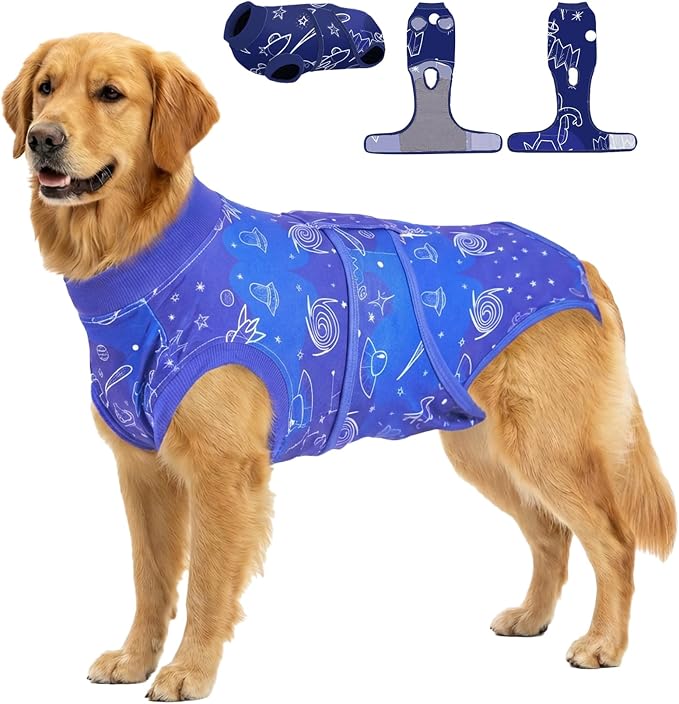 PetWarm Recovery Suit for Dogs, Cone of Shame Alternatives Dog Bodysuit, Professional Dog Abdominal Wounds Bandages Anti-Licking Surgical Suit for Dogs Female Male, Cosmic Pattern, Blue, XL
