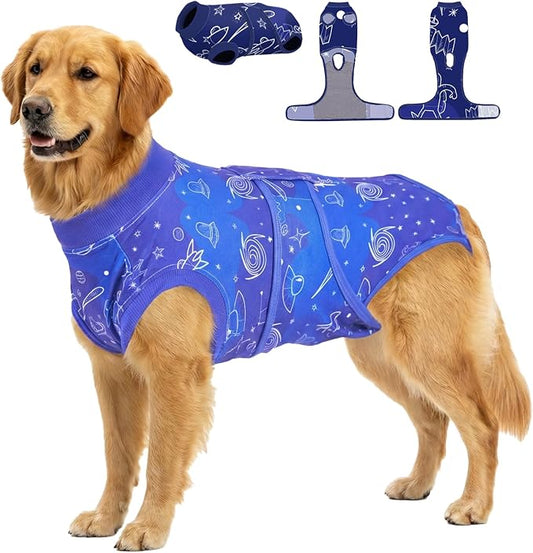PetWarm Dog Cone Alternative, Cone of Shame Alternatives Onesie for Dogs After Surgery, Dog Abdominal Wounds Bandages, Anti-Licking Surgical Suit for Dogs Female Male, Cosmic Pattern, Blue, 2XL
