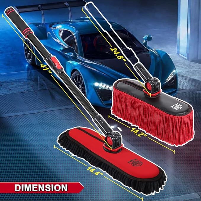 Car Cleaning Supplies Duster, 2In1 Car Wash Brush Mop & Car Duster Mop with 1 Long Handle, Microfiber Brushes Washing Exterior Scratch Free for Boat RV Truck, Gifts for Men Women
