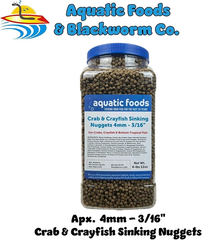 Crab & Crayfish 4mm-3/16 Sinking 40% Protein Nuggets for Crabs, Crayfish, Axolotl, Salamanders, Snails, All Bottom Tropical Fish... 4-lbs 12oz Jar